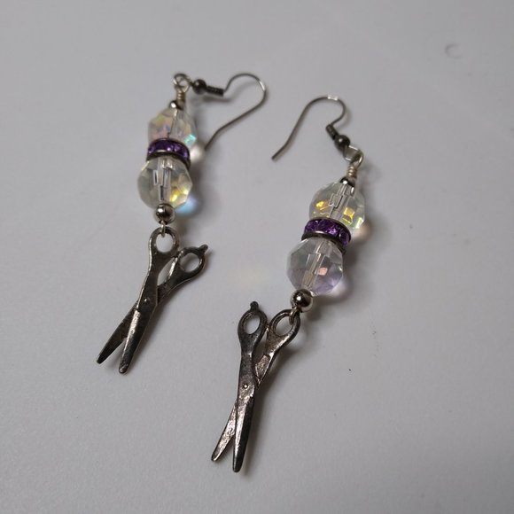 Vintage Glass Bead Metal Scissors Dangle Earrings - Picture 12 of 15